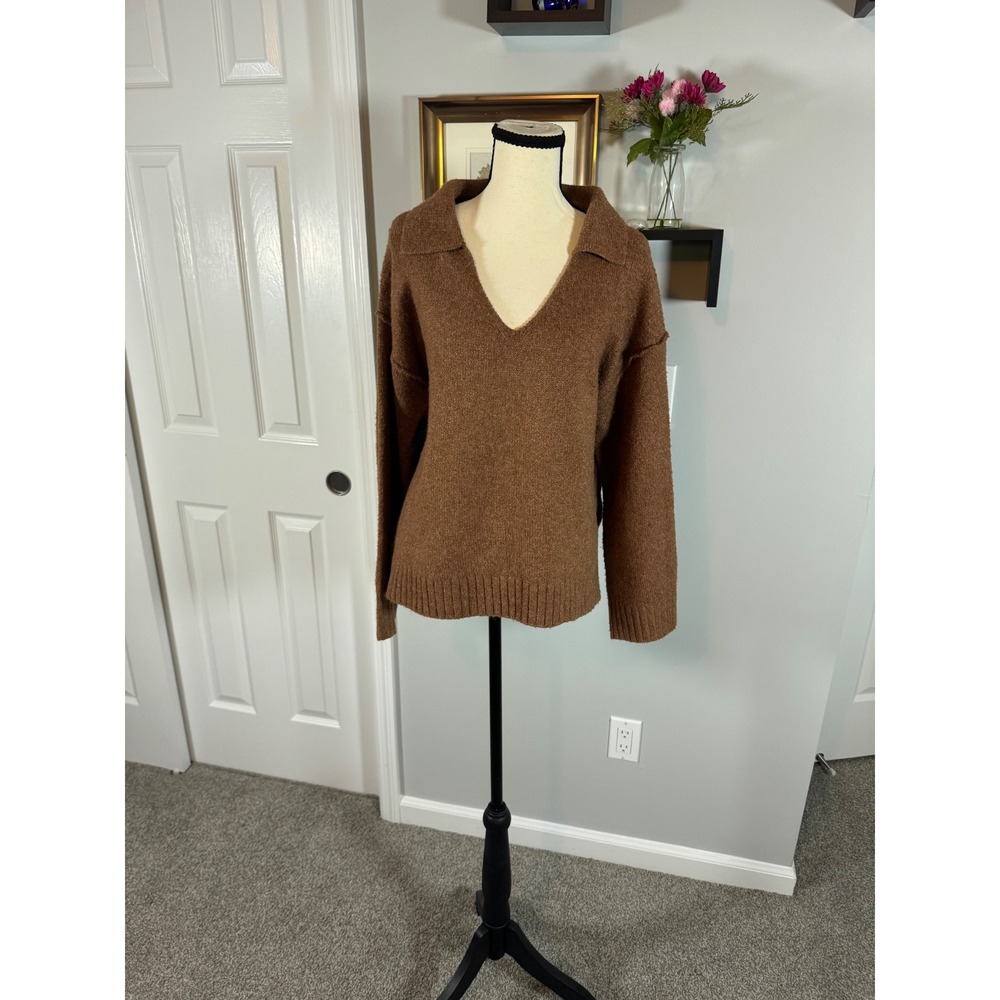New Abound Womens Brown Marled V-Neck Polo Collar Sweater Medium